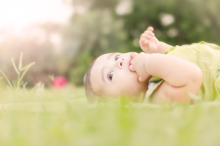 Little baby boy lying on  green grass in natural daylight outdoorの写真素材