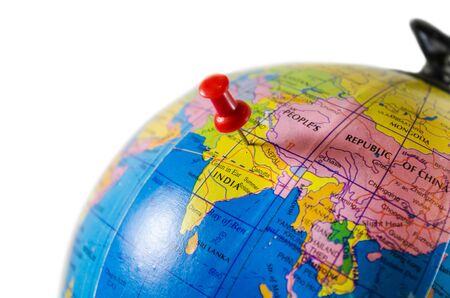 World globe map  India closeup location pinned up travel destination isolated in whiteの写真素材