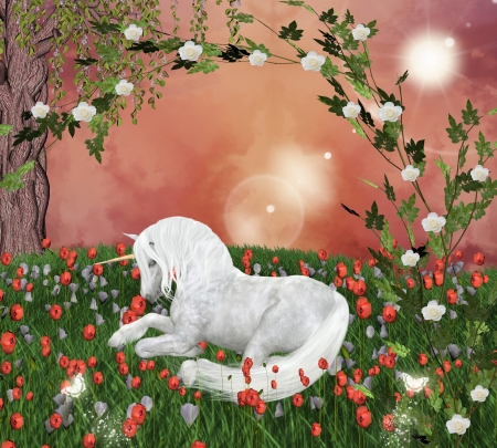 Beautiful unicorn in an enchanted meadowの写真素材