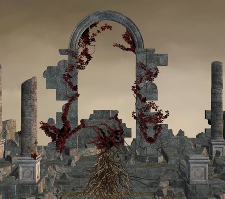 Ruins with red ivy and rootsの写真素材