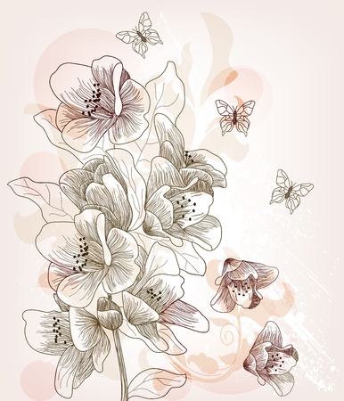 Artistic postcard with hand drawn cherry blossomのイラスト素材