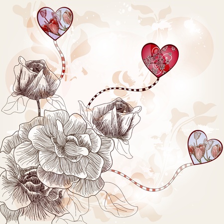 vintage fantasy postcard with hand drawn roses and artistic heartsのイラスト素材