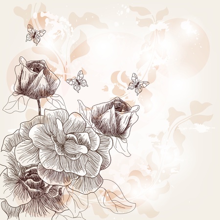 romantic postcard with hand drawn rosesのイラスト素材