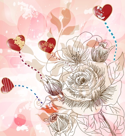fantasy postcard with hand drawn roses and glossy hearts のイラスト素材