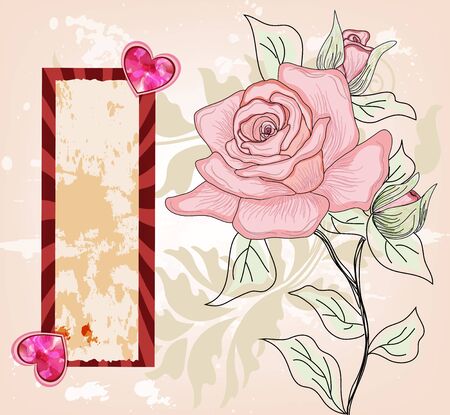 romantic invitation card with hand drawn rose and shining hearts のイラスト素材