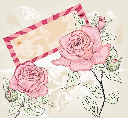 romantic postcard with hand drawn roses and label for text のイラスト素材