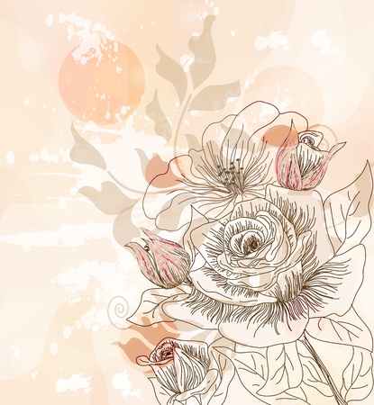 vintage postcard with hand drawn roses のイラスト素材