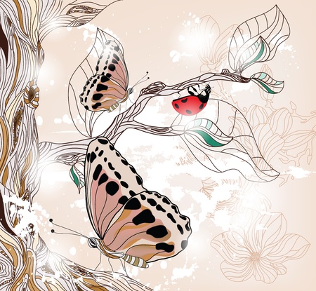 spring fantasy scene with ladybug and beautiful butterfliesのイラスト素材