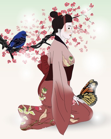geisha, butterflies and bird with cherry blossom branchのイラスト素材