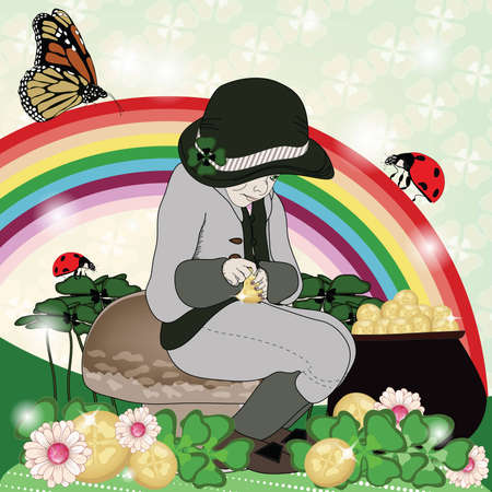 Saint Patrick day illustration with greedy elf and quaterfoilsのイラスト素材