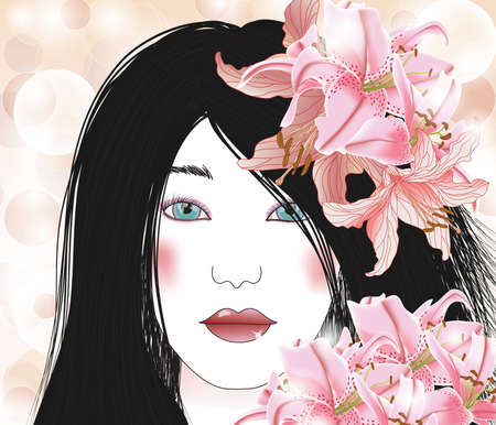 beautiful brunette with liliesのイラスト素材