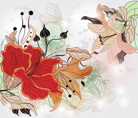 floral background with hibiscus and different kinds of flowers のイラスト素材