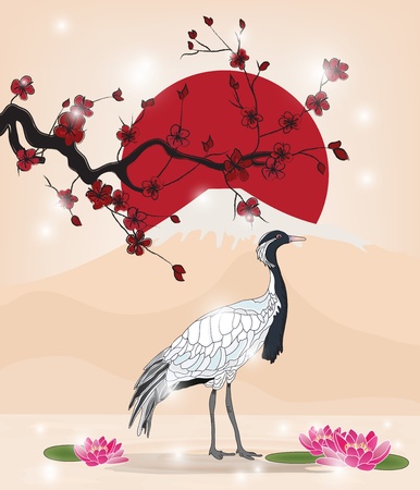 beautiful oriental picture with cherry blossom branch and crane のイラスト素材