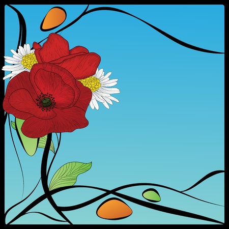 art nouveau frame with poppies and daisiesのイラスト素材