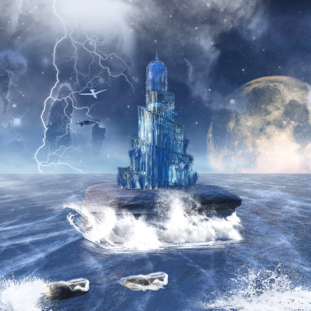 fantasy seascape with a wonderful glass towerの写真素材