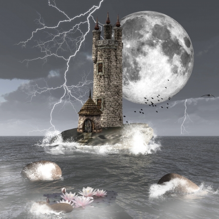 Beautiful seascape with a mysterious towerの写真素材