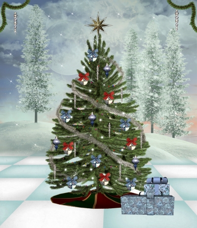 Christmas tree in a winter sceneryの写真素材