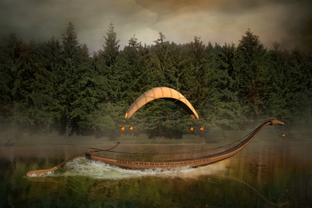 Elf boat in an enchanted lakeの写真素材