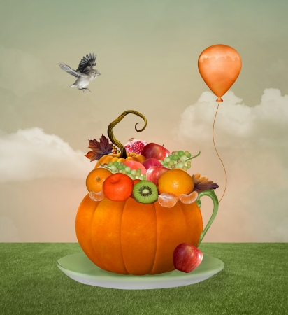 Cup of autumnal fruitsの写真素材