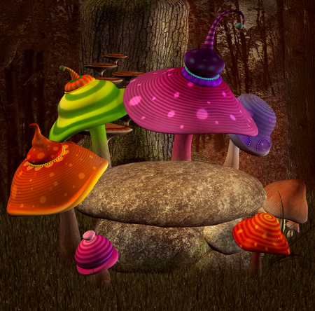 Elven stone with colored mushroomsの写真素材