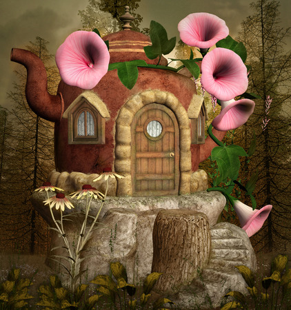 Teapot fantasy house in the forestの写真素材