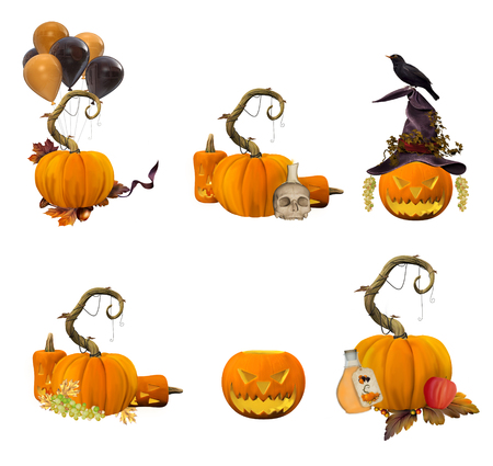 Collection of pumpkins on white backgroundの写真素材
