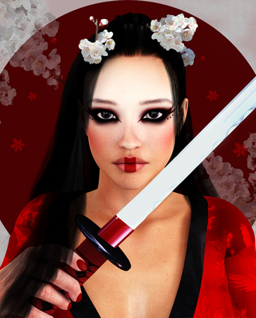 Portrait of a beautiful oriental girl with katanaの写真素材
