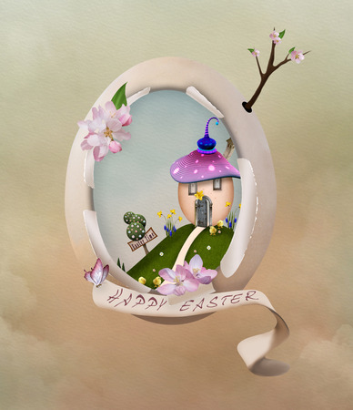 Easter illustration with egg and easter landscapeの写真素材