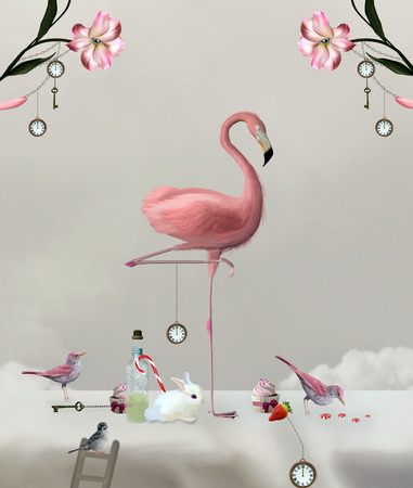 Wonderland series - Flamingo on a sweet tableの写真素材