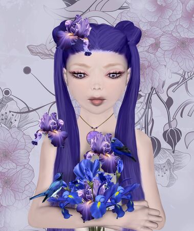 Surreal portrait of a girl with iris bouquetの写真素材