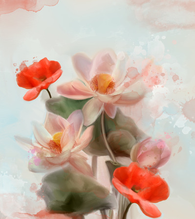 Water lilies and poppies - Watercolor paintingの写真素材