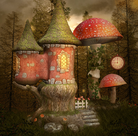 Fairytale little castle with mushroom and clockの写真素材