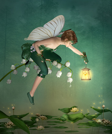 Little elf with lantern sits on a lily of the valleyの写真素材