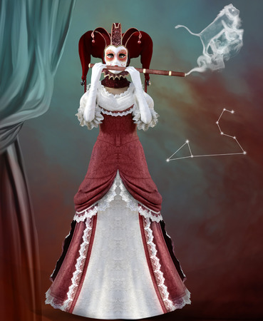 Zodiac series - Leo as a beautiful woman with mask and fluteの写真素材