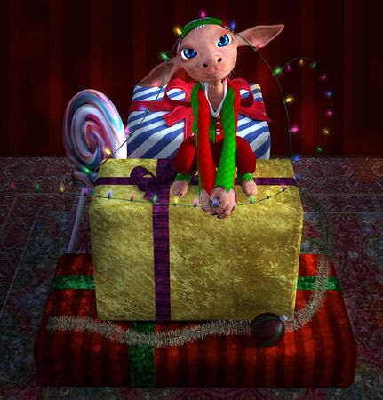 Christmas elf sits on a christmas gift with lightsの写真素材
