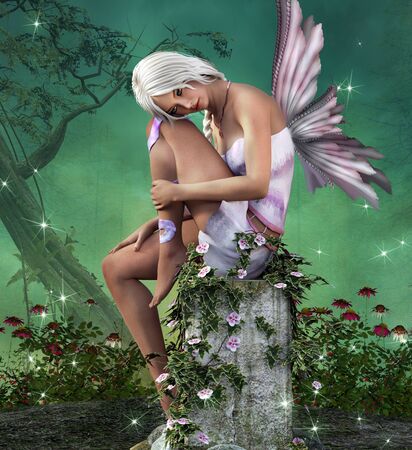 Beautiful fairy sits on a pillarの写真素材