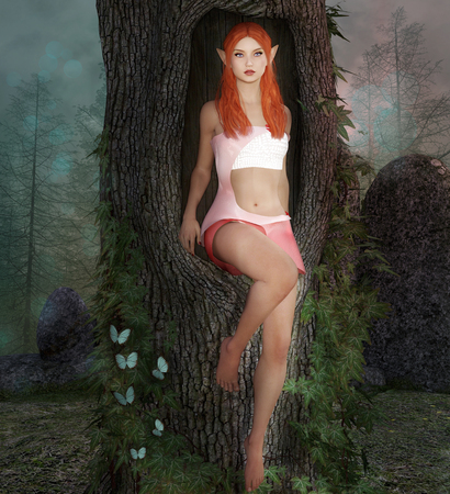 Fantasy elf sits in a tree trunkの写真素材