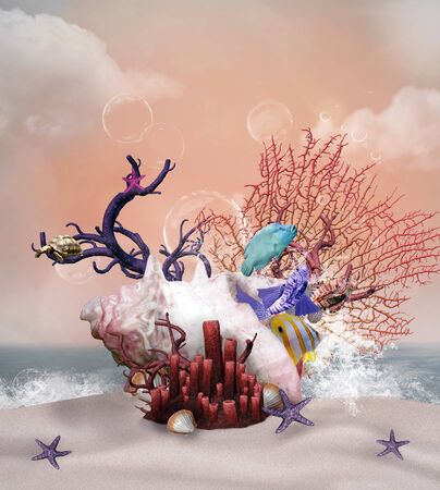 Surreal shell in a seascape scenery with corals and fishesの写真素材