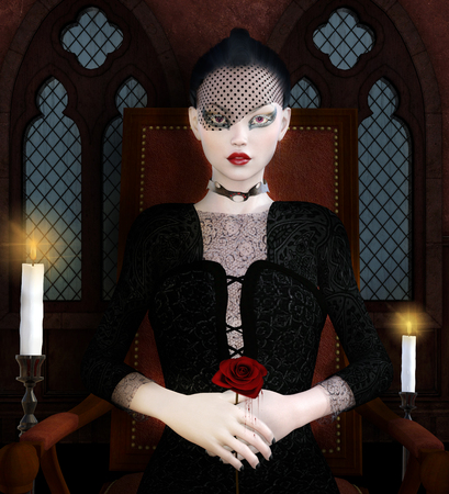 Dark woman with veil and red roseの写真素材