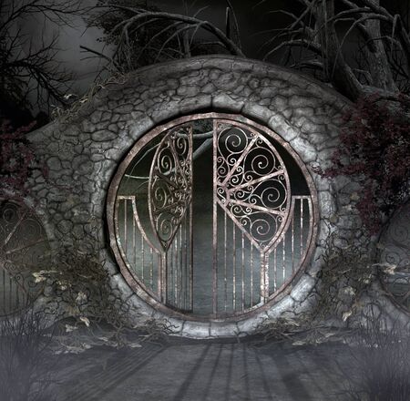 Ancient gate in a foggy sceneryの写真素材