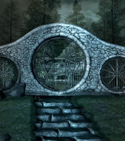 Stairs and gate by nightの写真素材