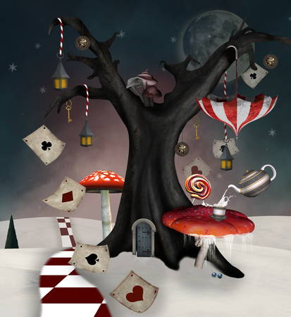 Wonderland series - Winter tree with mushrooms, umbrella and playing cardsの写真素材