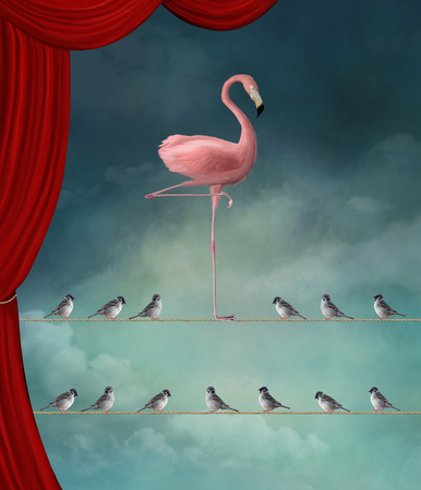 Stand out from the crowd - Flamingo and sparrows in a surreal stageの写真素材