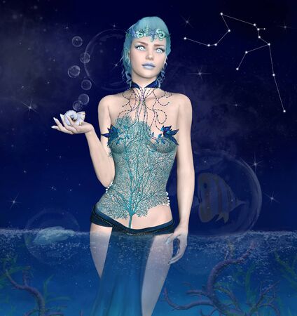 Zodiac series - Aquarius as a beautiful woman with a shell in her hand and a coral corsetの写真素材