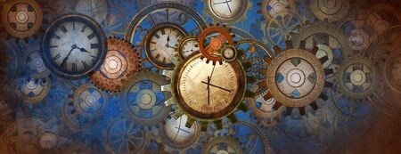 Industrial and steampunk blue background with clocks and wheelsの写真素材