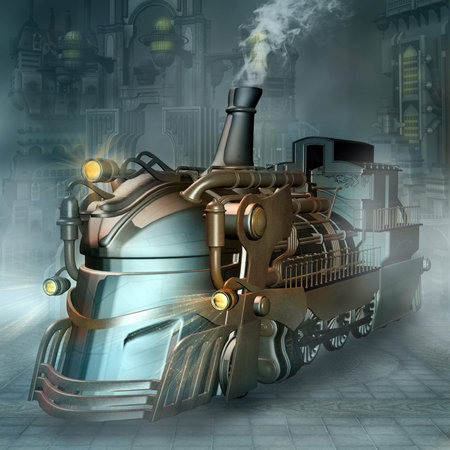 Steampunk train in a futuristic scenery