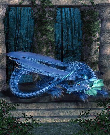 Old palace ruins in the middle of the forest with a mythological dragonの写真素材