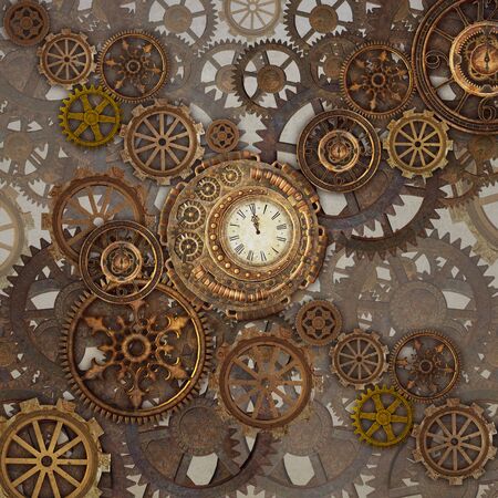 Golden steampunk background with lots of cogwheelsの写真素材