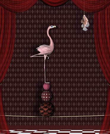 Surreal stage with a flamingo looking for foodの写真素材