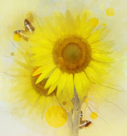 Wonderful sunflowers with butterflies in digital watercolor styleの写真素材